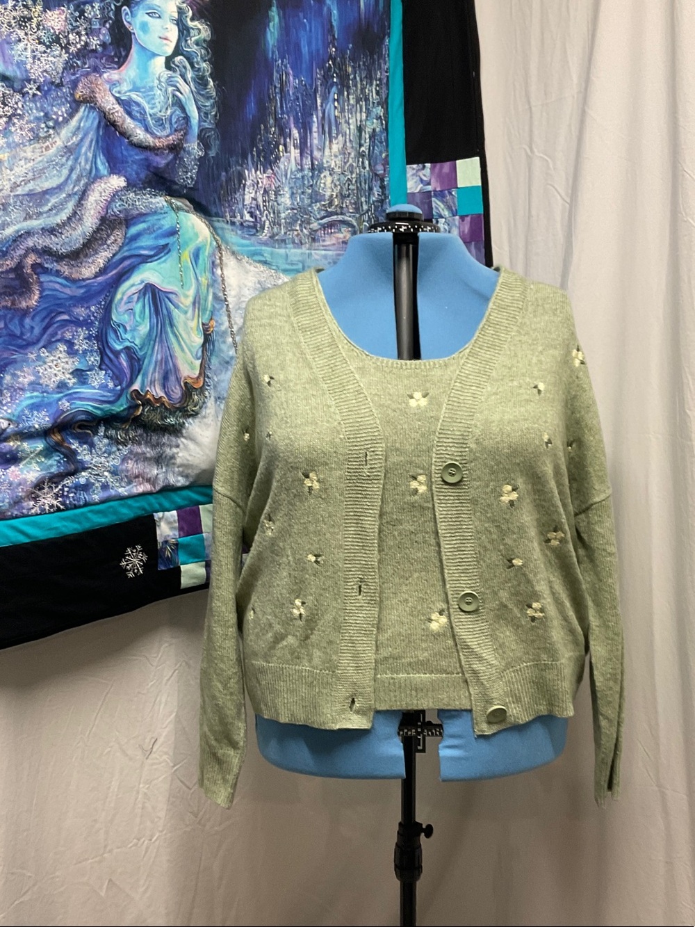 cleo Light Green Floral Accent Cardigan and Tank Set